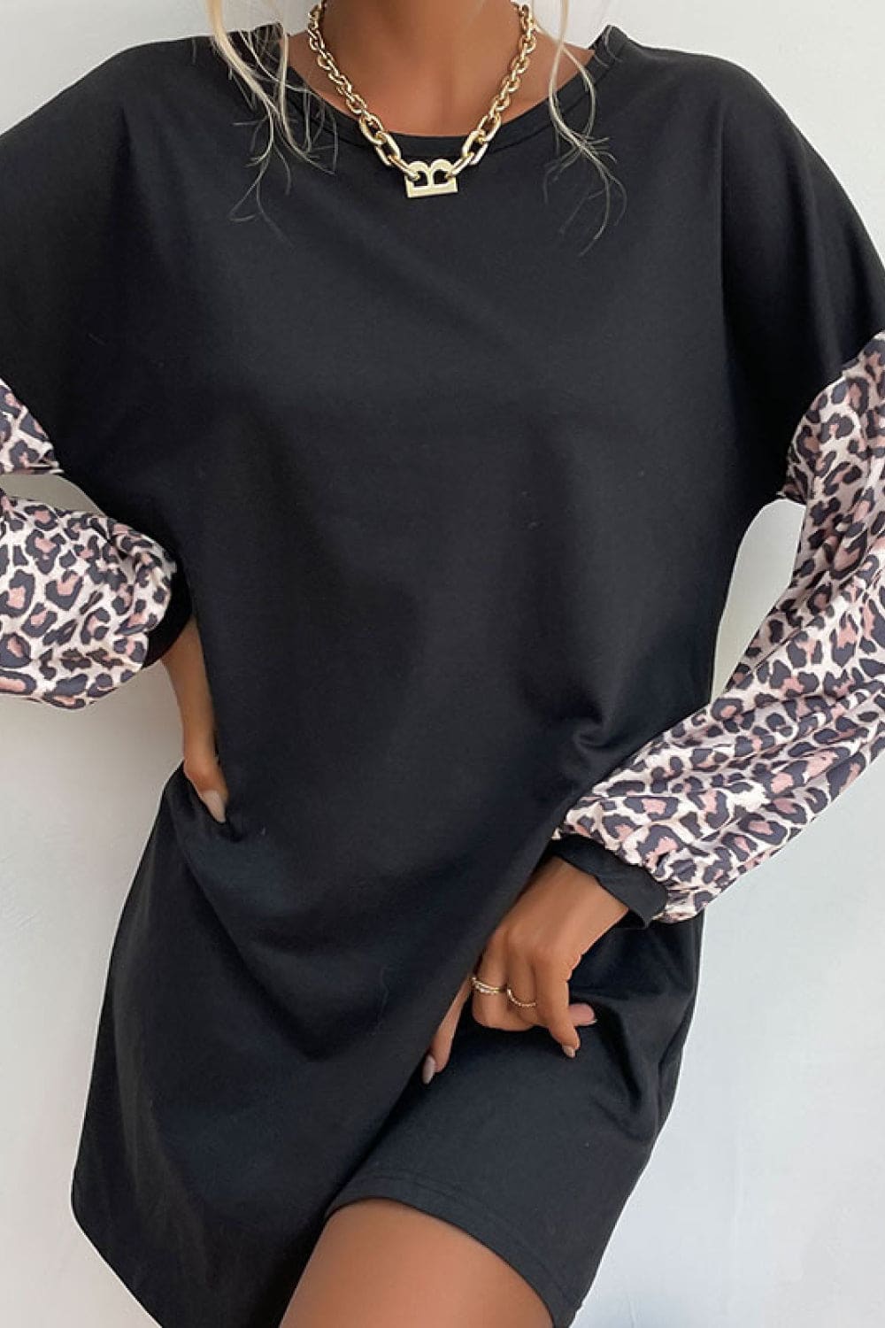 Perfee Leopard Print Sleeve Sweatshirt Dress