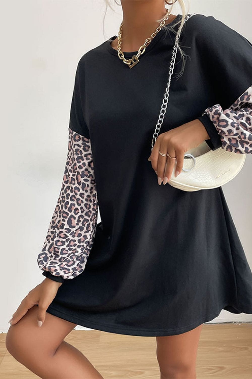 Perfee Leopard Print Sleeve Sweatshirt Dress