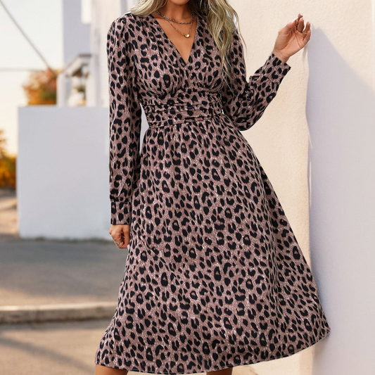 Mauve Leopard Long Sleeve Midi Dress