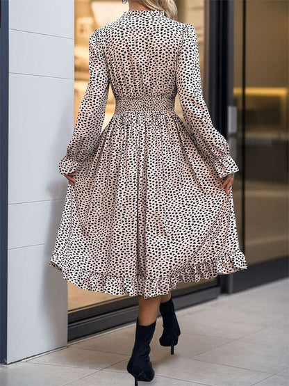 Perfee Ruched Ruffled Leopard Long Sleeve Dress