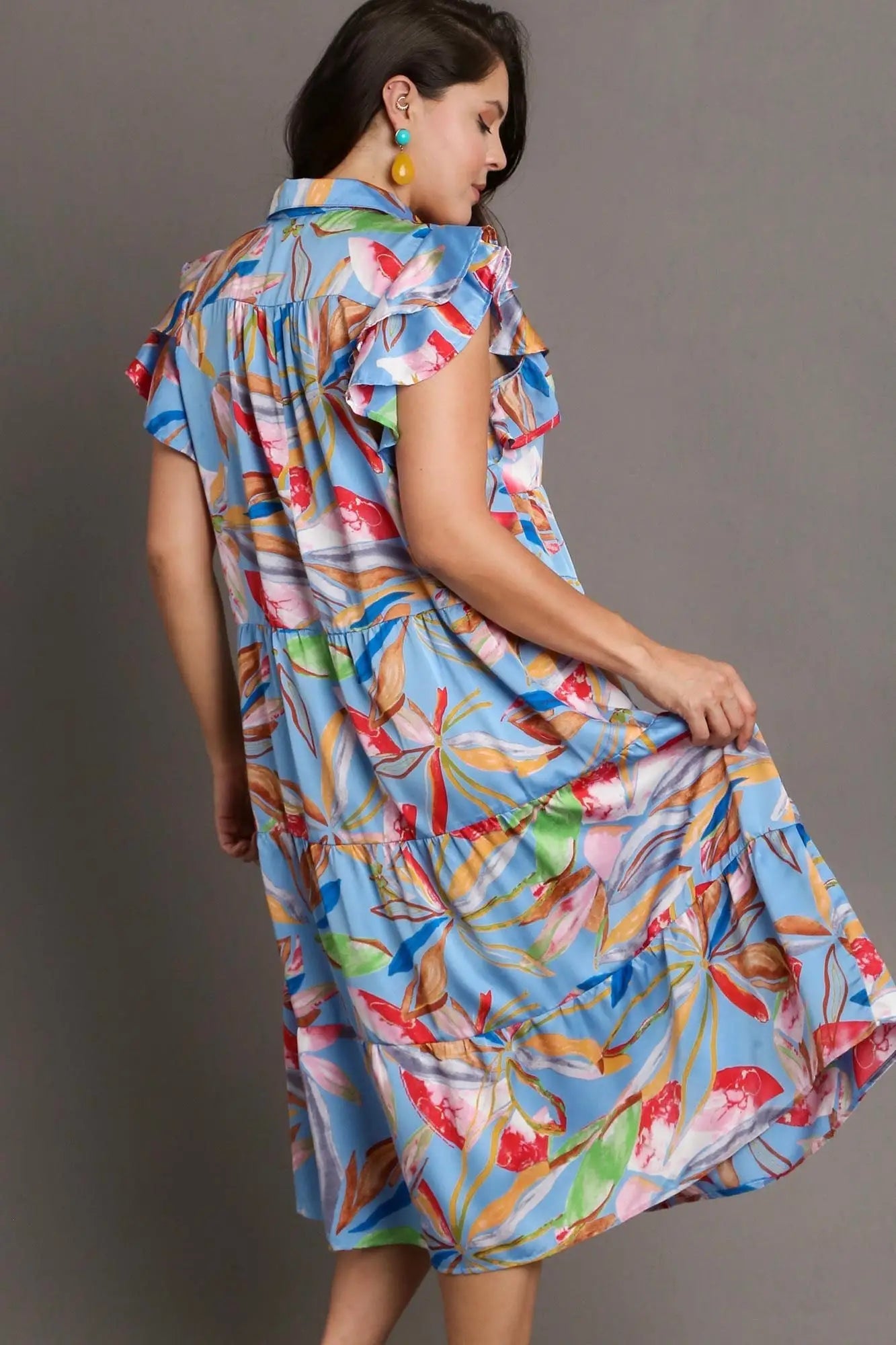 Periwinkle Mix Leaf Print Tiered Midi Dress - Midi Dresses