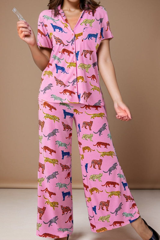 Pink Animal Button Up Top and Pants Lounge Set - S to XL