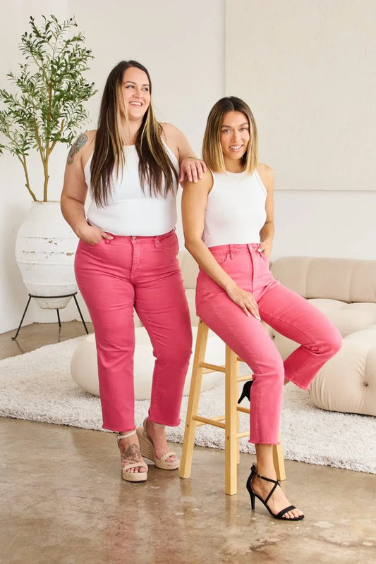 Pink Crop Tummy Control Jeans - Cropped Jeans
