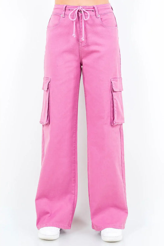 Pink Drawstring Wide Leg Cargo Pants - Eclectage
