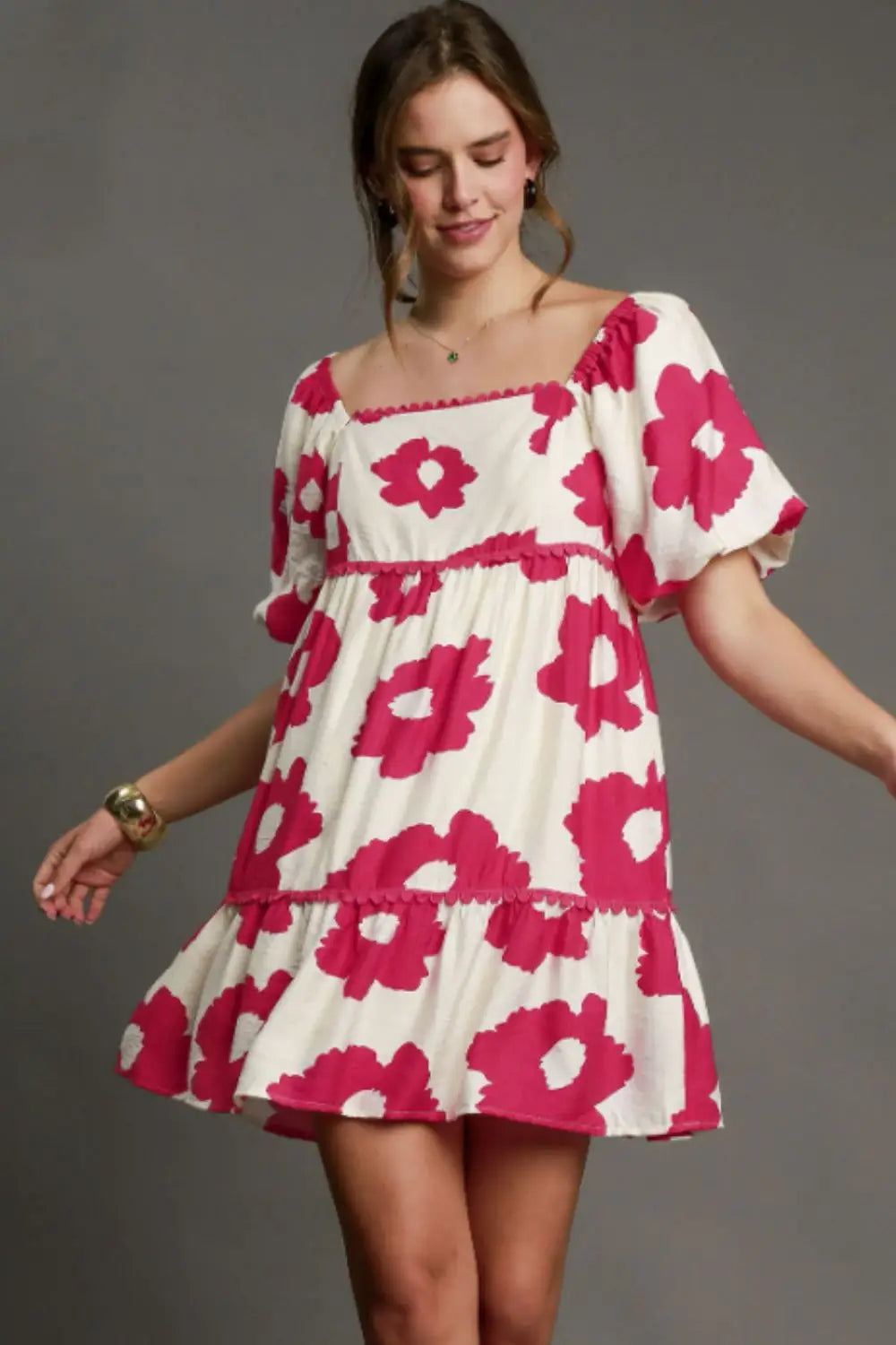 Umgee Full Size Contrast Floral Short Sleeve Mini Dress Plus Size - Eclectage