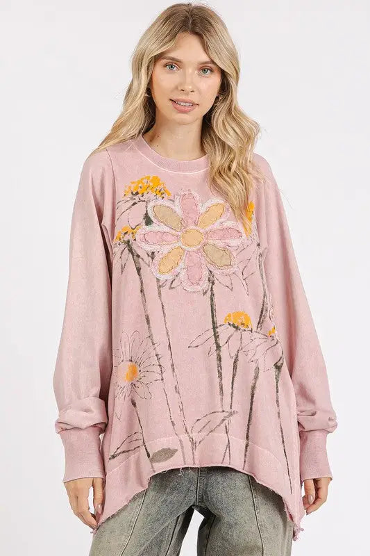 Pink Flower Graphic Patch Sweatshirt - Eclectage