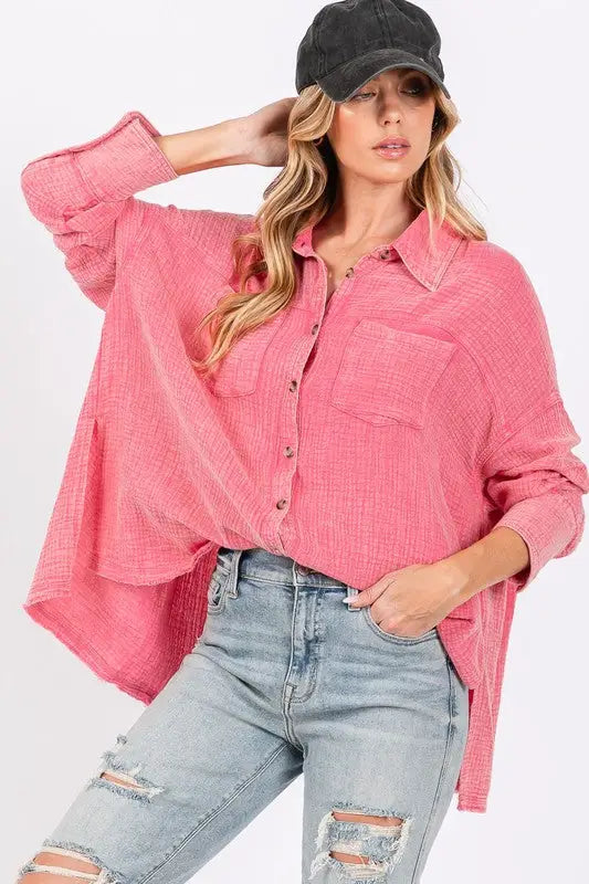 SAGE + FIG Frayed Hem Side Slit Button Down Shirt - Eclectage