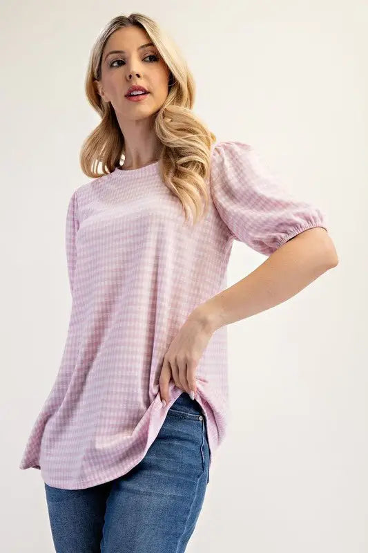 Pink Gingham Print Top With Puff Sleeves - Tops