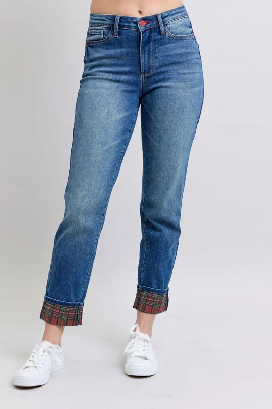 Plaid Print Cuff Straight Leg Jeans - Eclectage