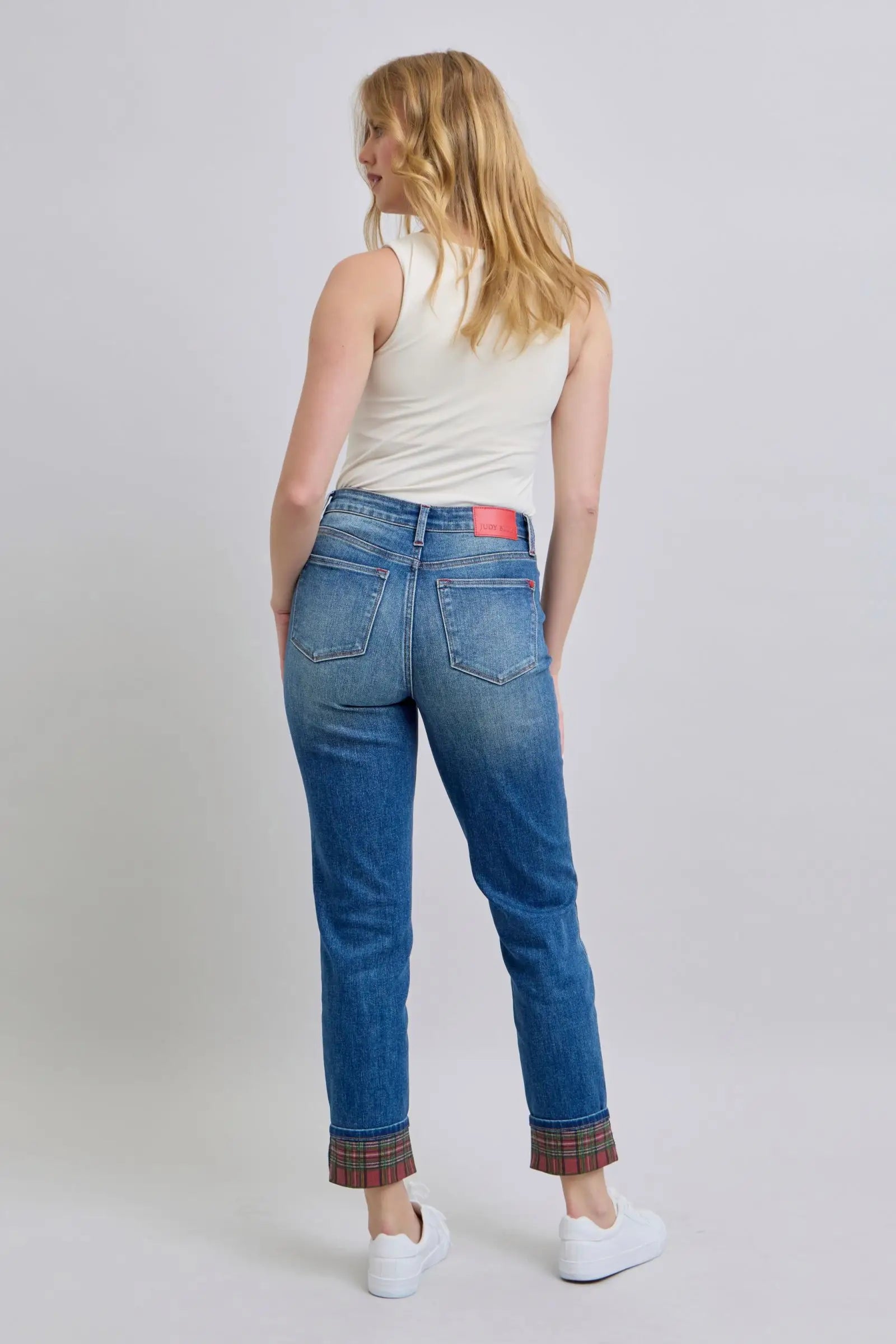Plaid Print Cuff Straight Leg Jeans - Eclectage