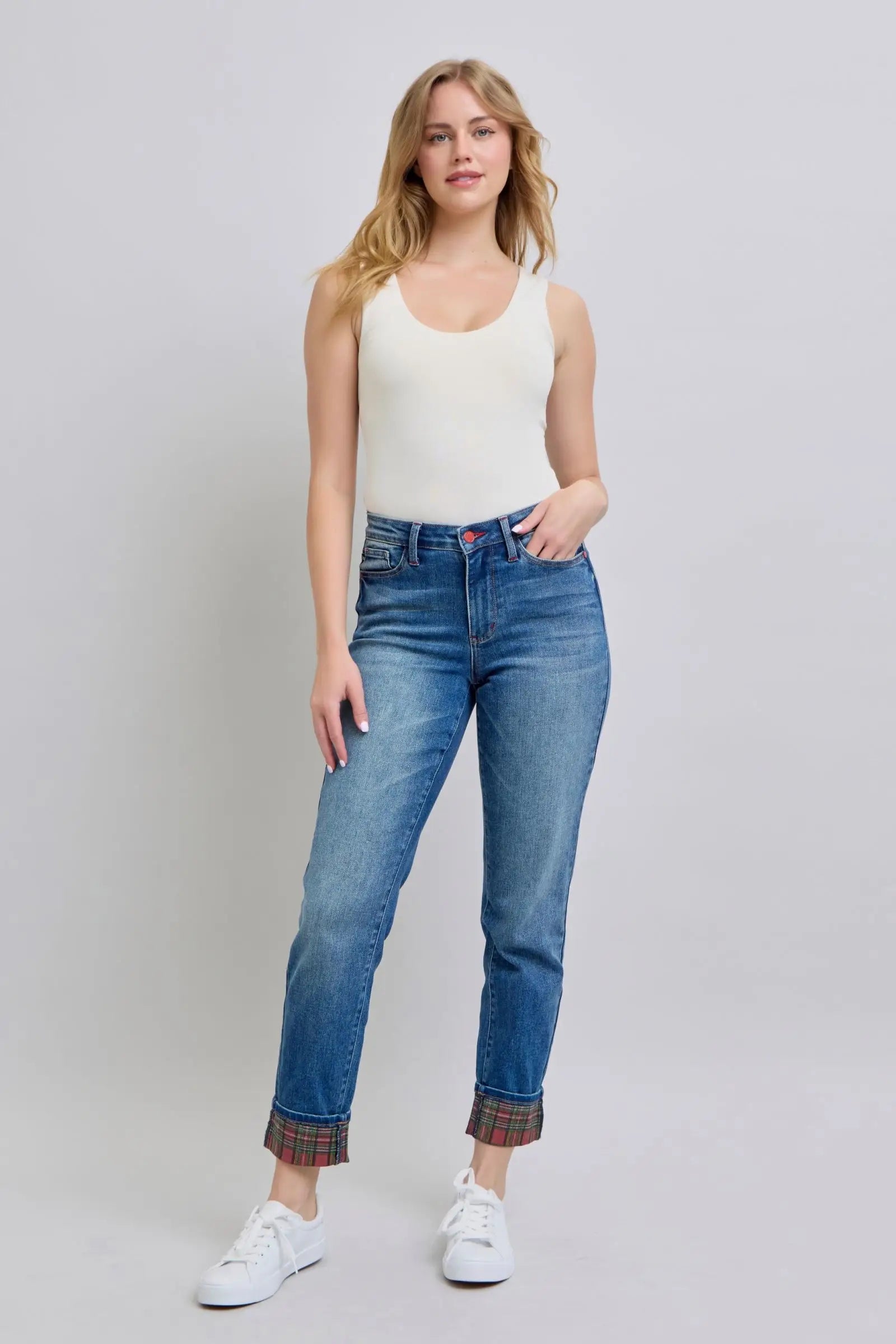 Plaid Print Cuff Straight Leg Jeans - Eclectage
