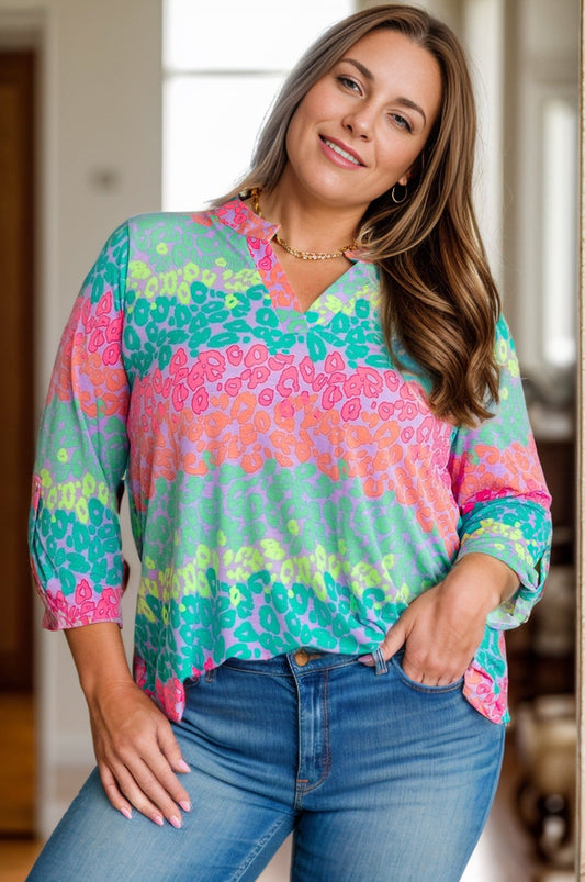 Plus Size Leopard Notched Long Sleeve Blouse