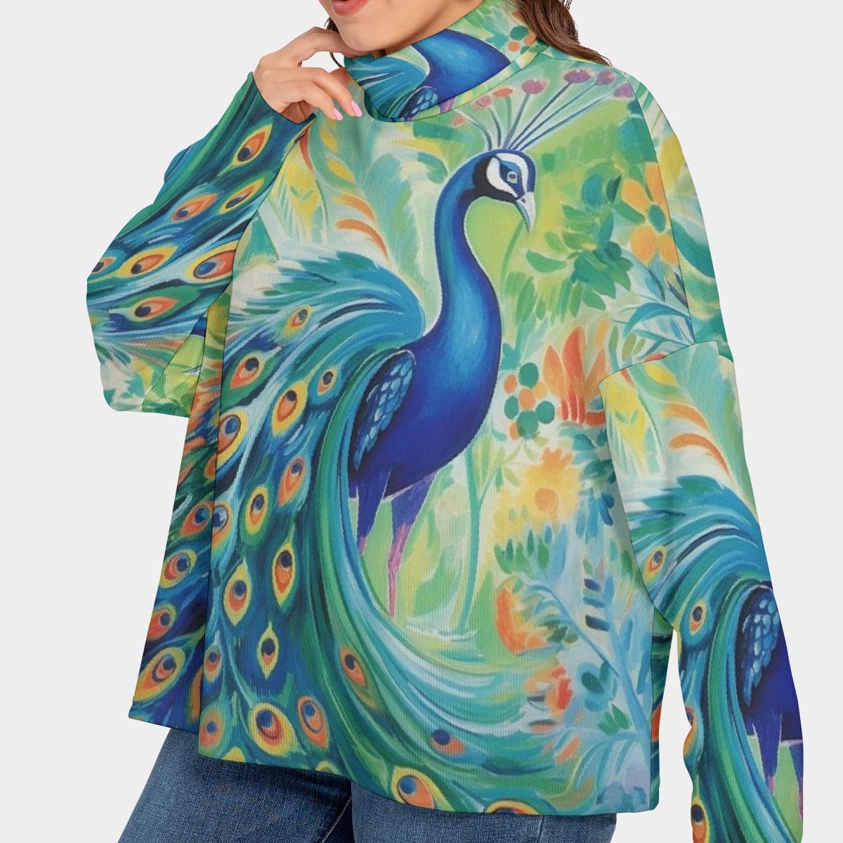 Peacock Turtleneck Imitation Knitted Sweater Multicolored- L to 5X