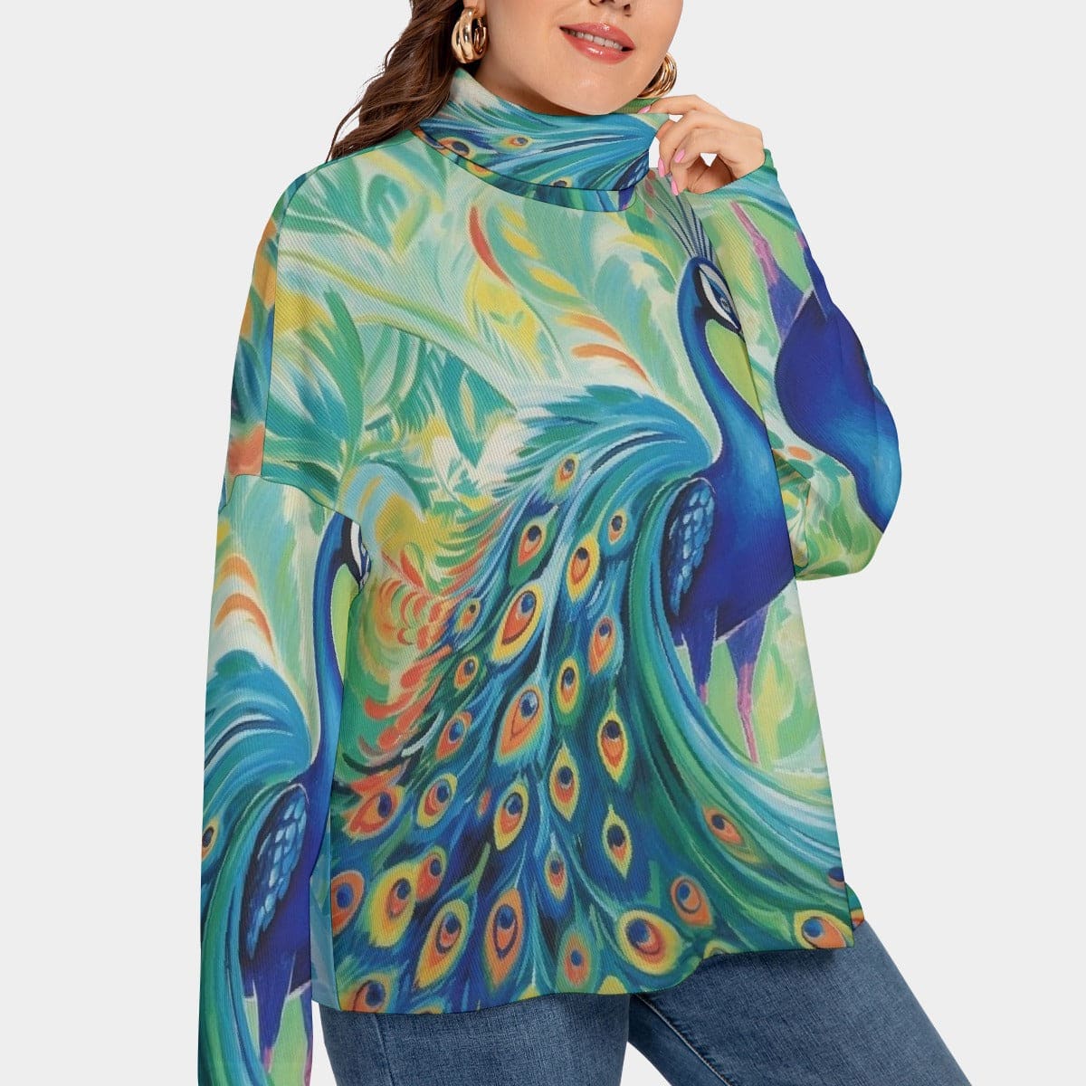 Peacock Turtleneck Imitation Knitted Sweater Multicolored- L to 5X