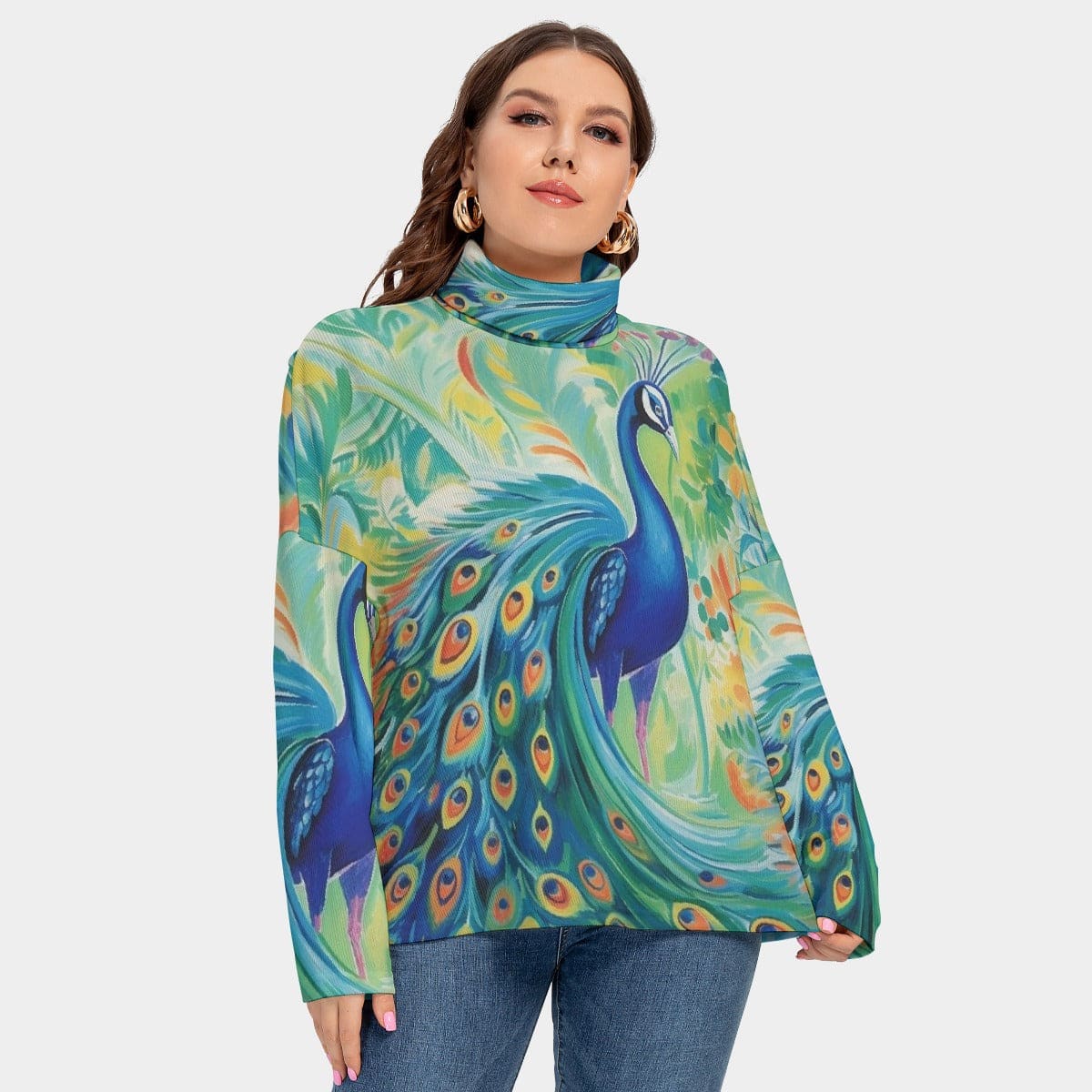 Peacock Turtleneck Imitation Knitted Sweater Multicolored- L to 5X