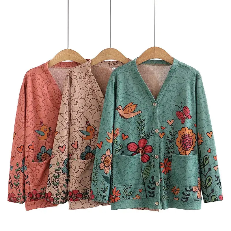 Plus Size Women’s Cardigan Floral with Birds