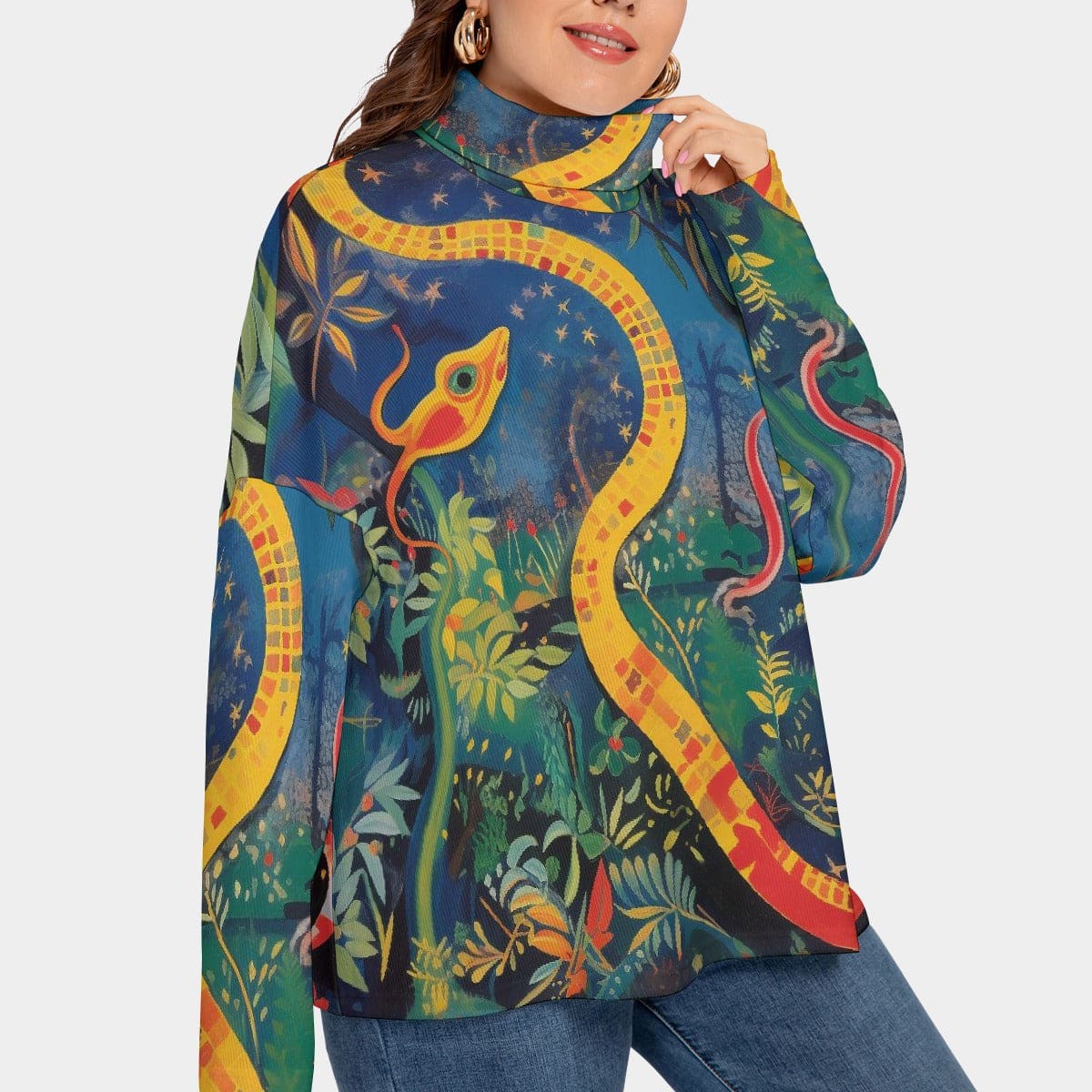 Plus Size Women’s Snake Turtleneck Ribbed Sweatshirt