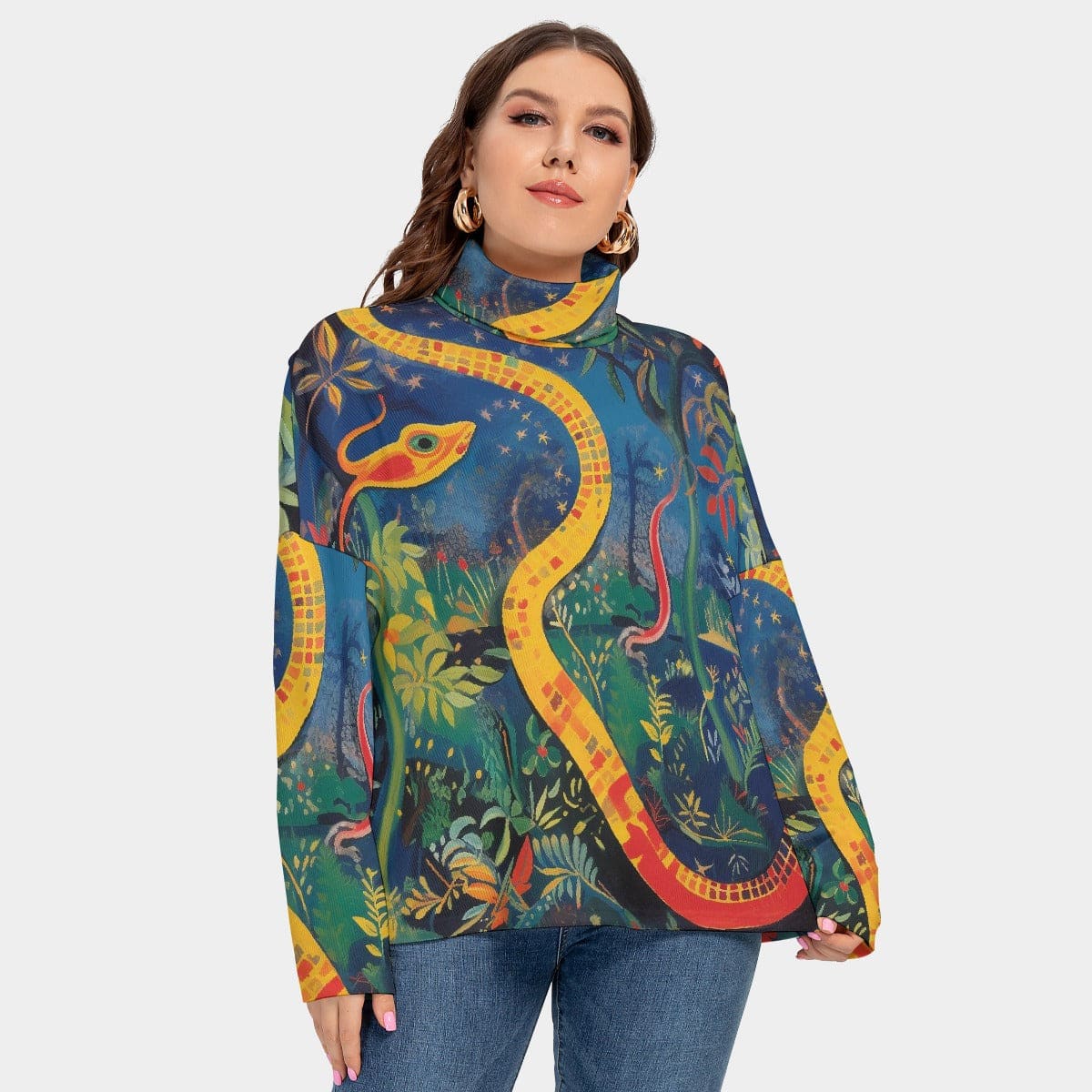 Plus Size Women’s Snake Turtleneck Ribbed Sweatshirt