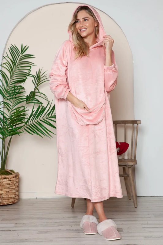 Pocketed Hooded Midi Lounge Dress - Eclectage