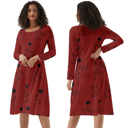 Red Doves and Hearts Long Sleeve Dress