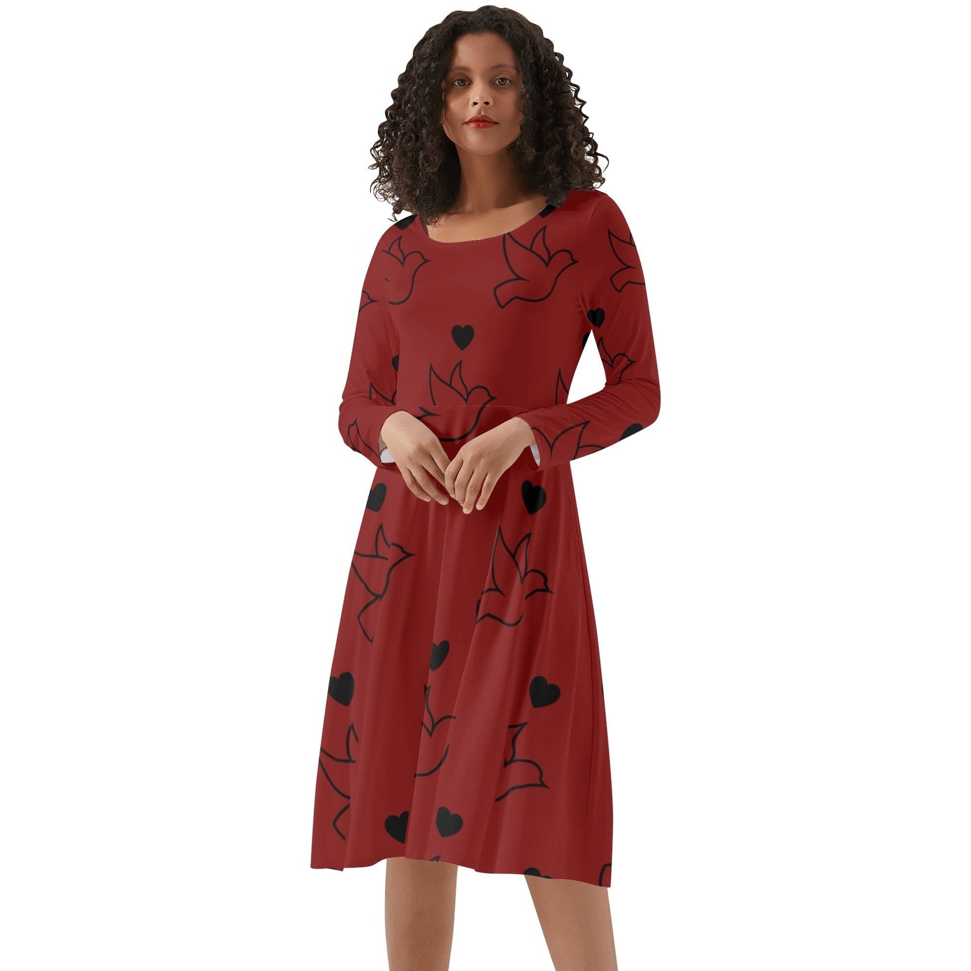 Red Doves and Hearts Long Sleeve Dress