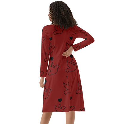 Red Doves and Hearts Long Sleeve Dress