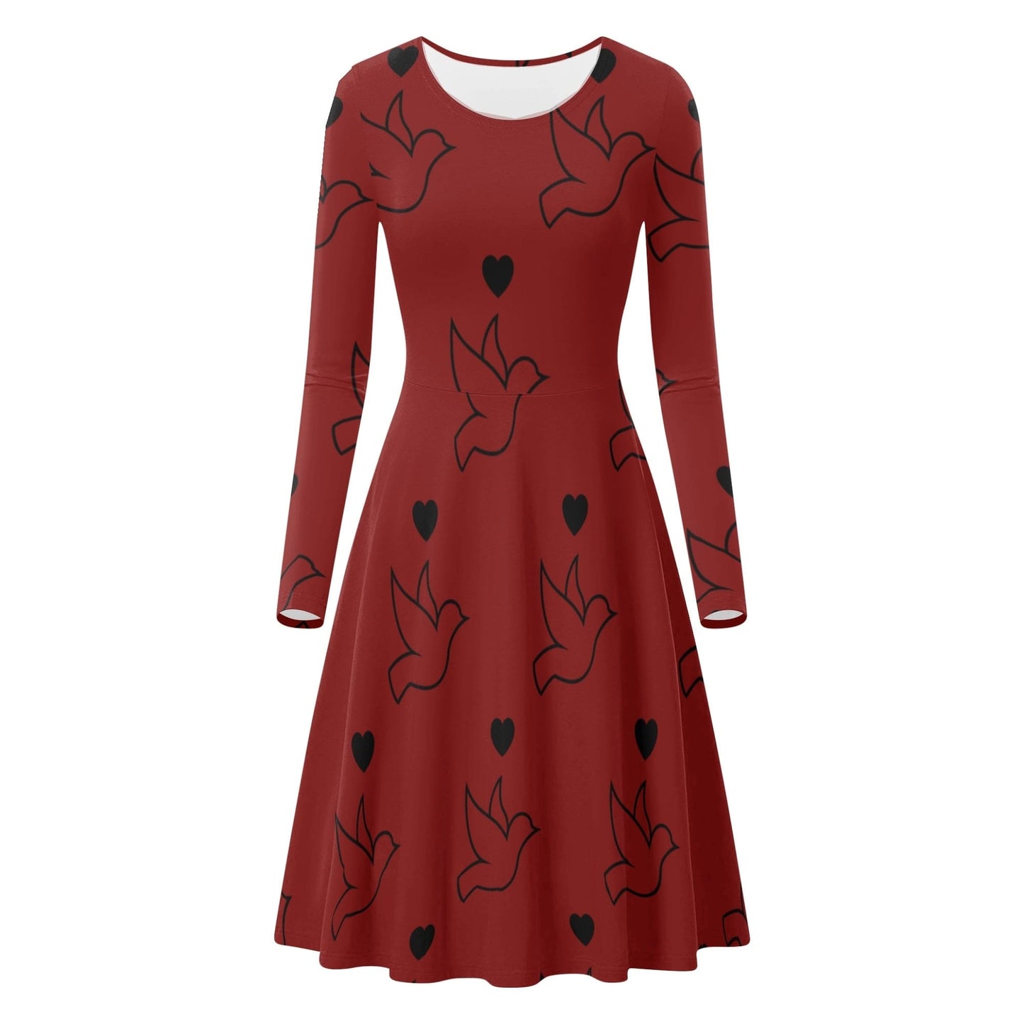 Red Doves and Hearts Long Sleeve Dress