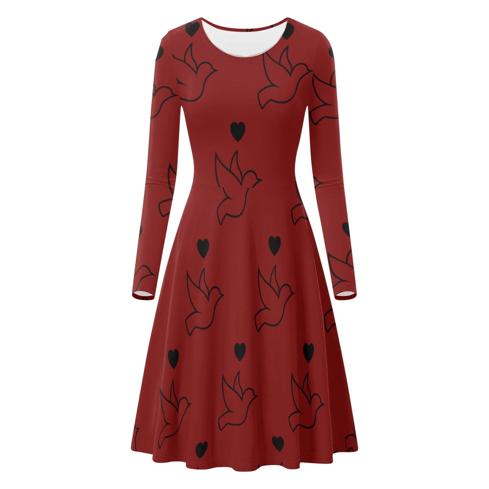 Red Doves and Hearts Long Sleeve Dress