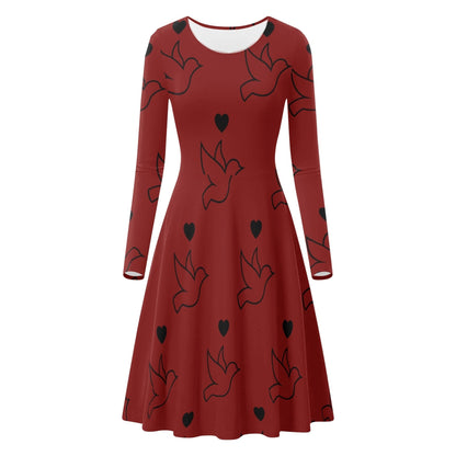 Red Doves and Hearts Long Sleeve Dress