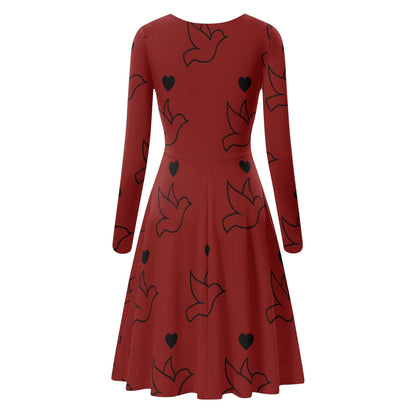 Red Doves and Hearts Long Sleeve Dress