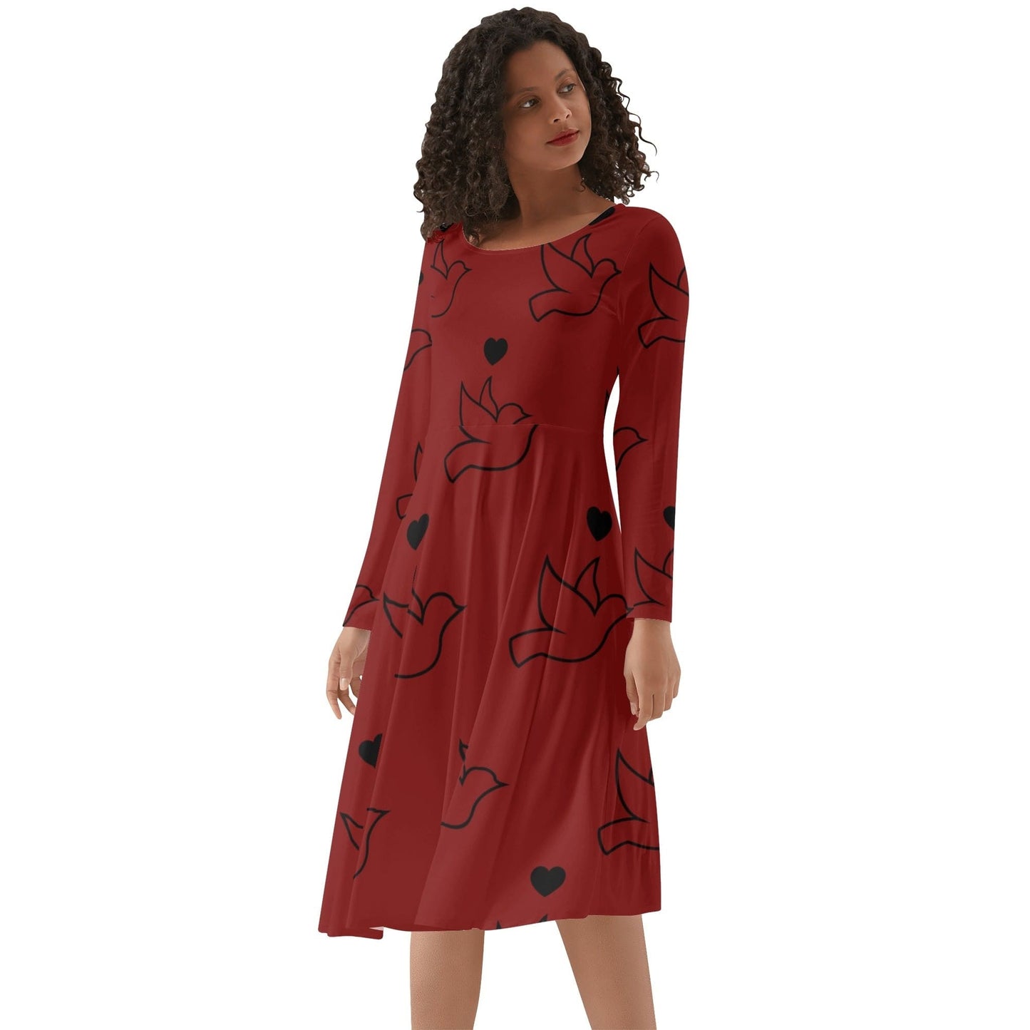 Red Doves and Hearts Long Sleeve Dress