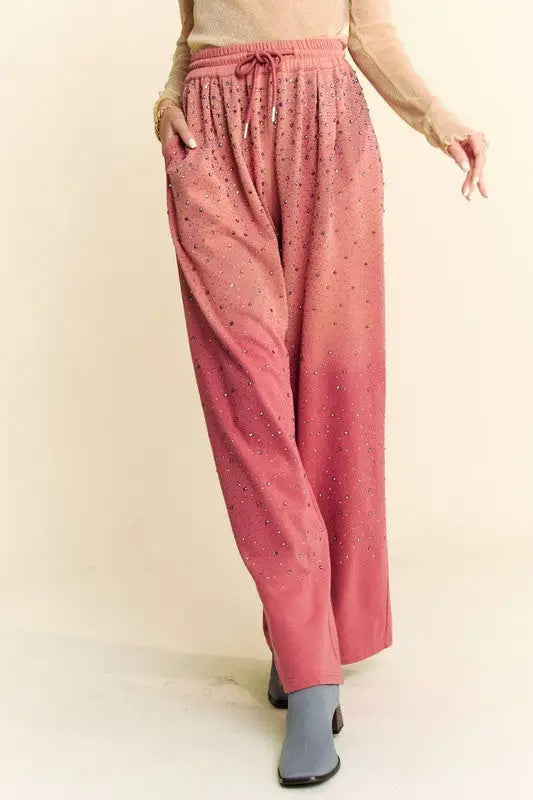 Davi & Dani Rhinestone Drawstring Wide Leg Pants - Eclectage