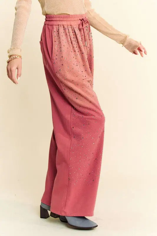 Davi & Dani Rhinestone Drawstring Wide Leg Pants - Eclectage