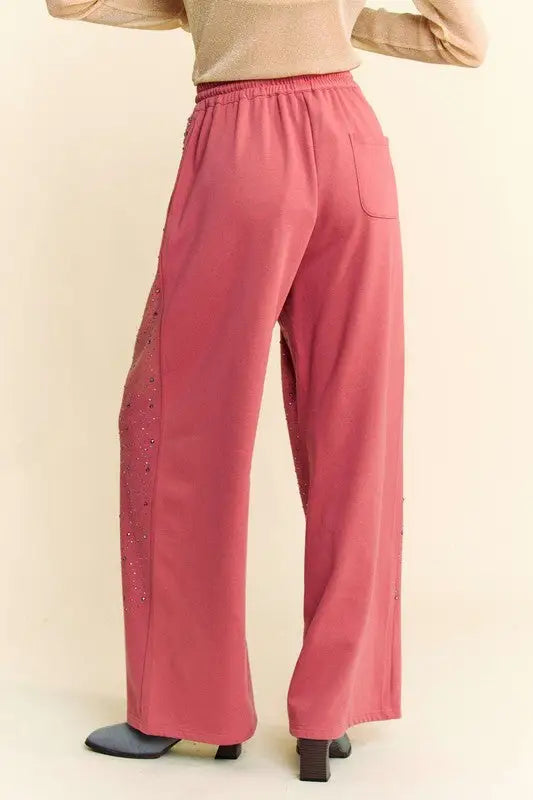 Davi & Dani Rhinestone Drawstring Wide Leg Pants - Eclectage