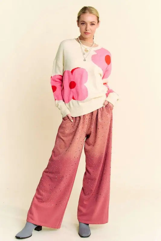 Davi & Dani Rhinestone Drawstring Wide Leg Pants - Eclectage