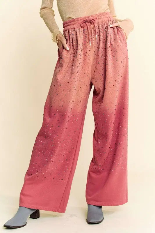 Davi & Dani Rhinestone Drawstring Wide Leg Pants - Eclectage