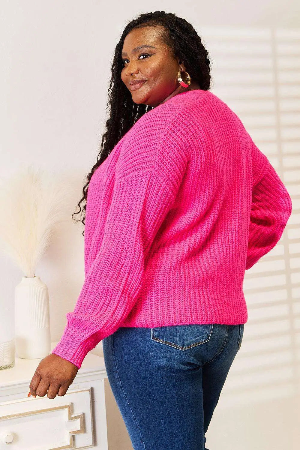 Rib - Knit Open Front Hot Pink Cardigan - Cardigans