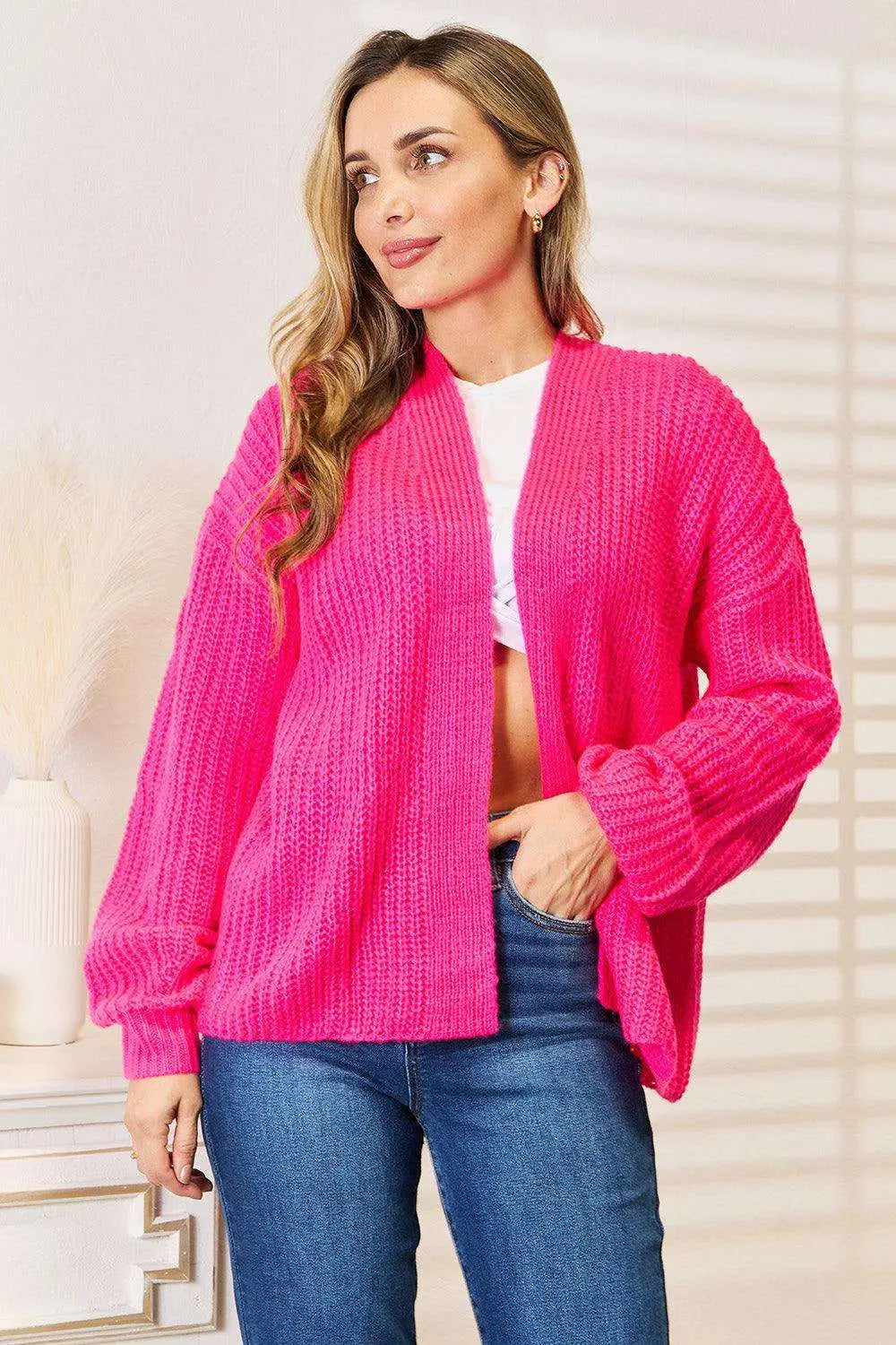 Rib - Knit Open Front Hot Pink Cardigan - Cardigans
