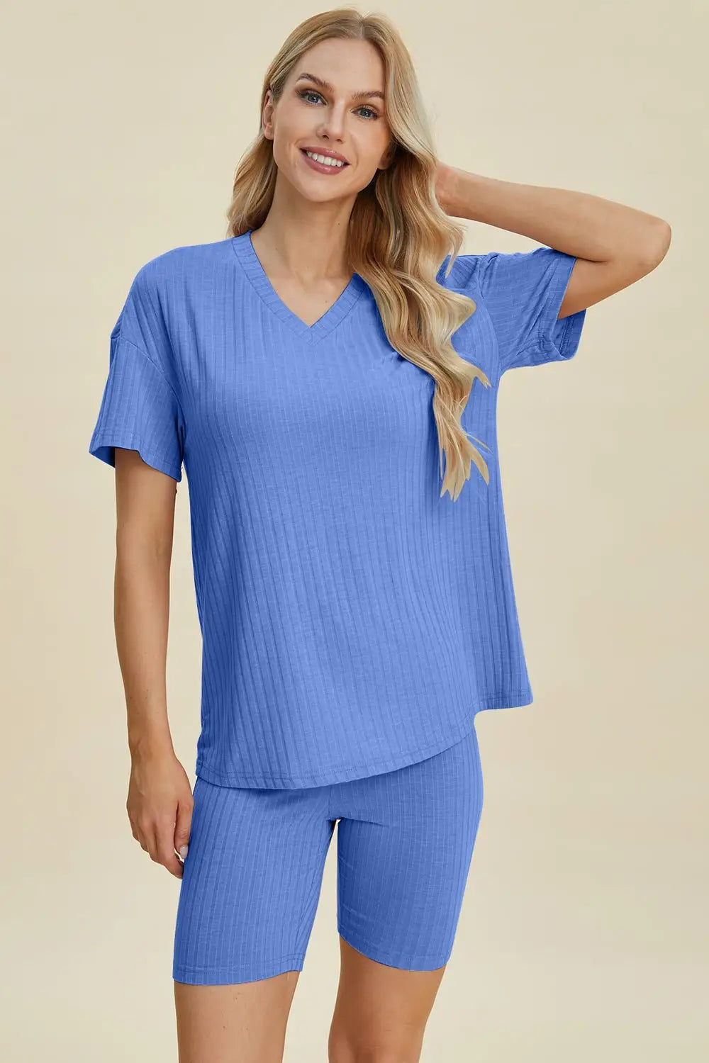 Ribbed V - Neck Short Sleeve Top and Shorts Set - Loungewear