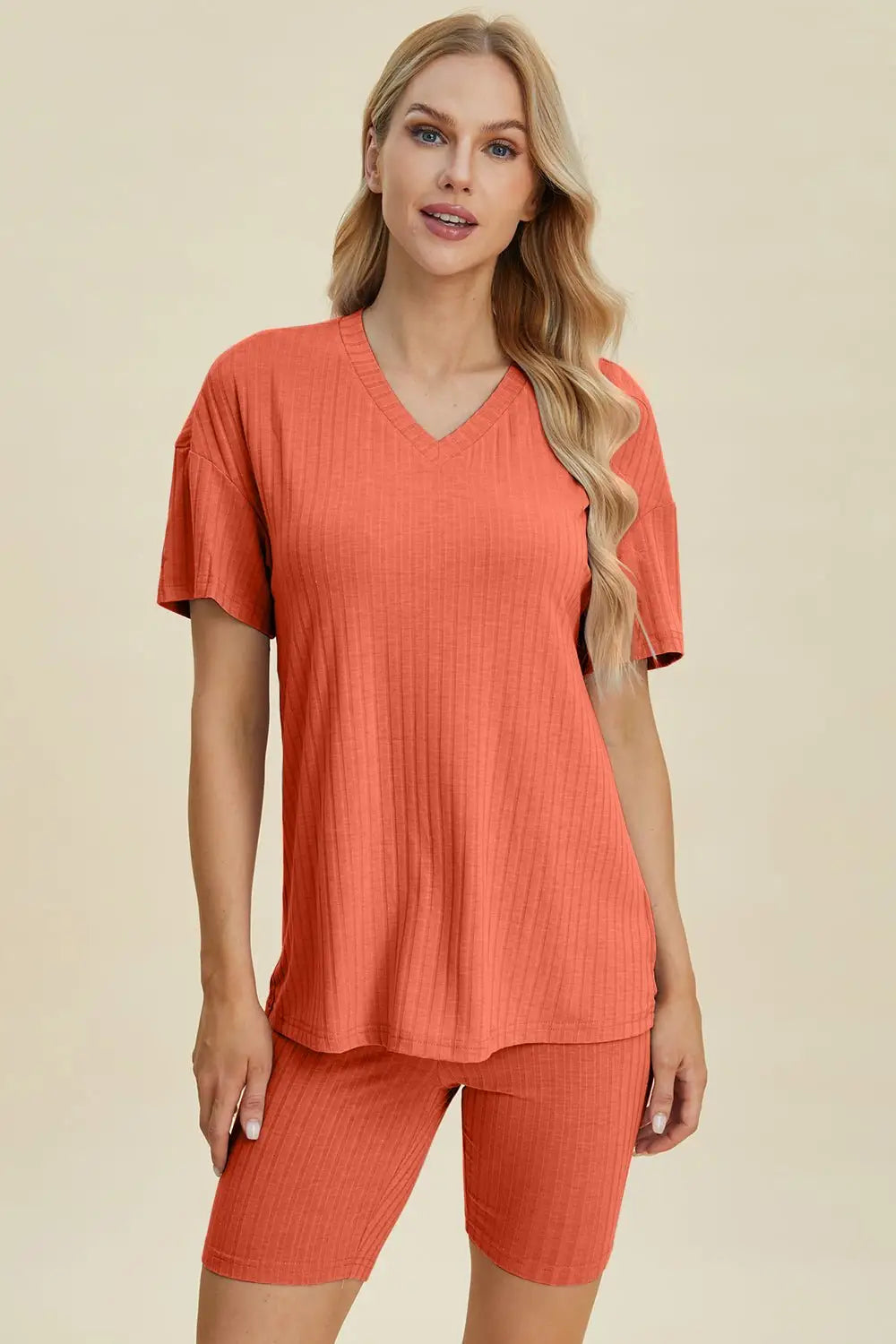 Ribbed V - Neck Short Sleeve Top and Shorts Set - Loungewear