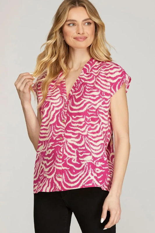 Rose Colored Printed Cap Sleeve Shirt