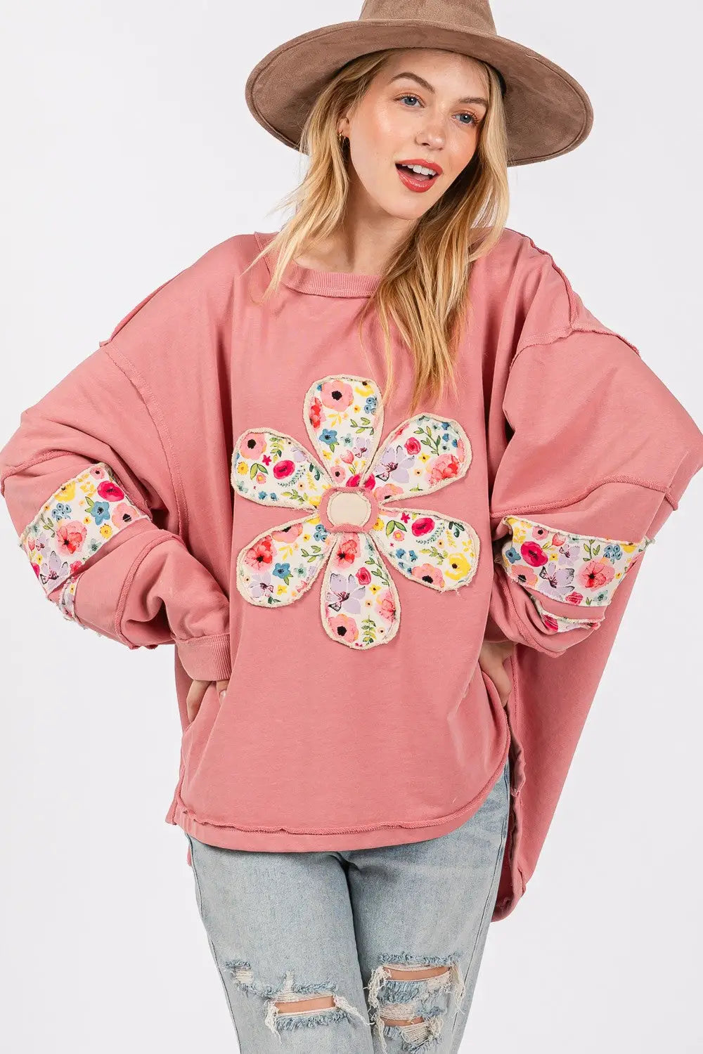 SAGE + FIG Daisy Patch Applique Long Sleeve Sweatshirt - Eclectage
