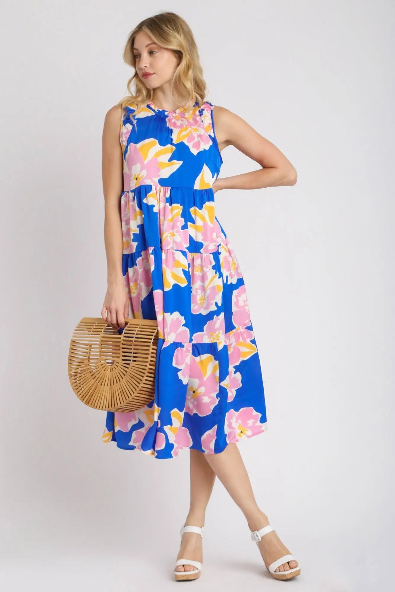 Umgee Full Size Floral Tiered Midi Tank Dress Plus Size - Eclectage