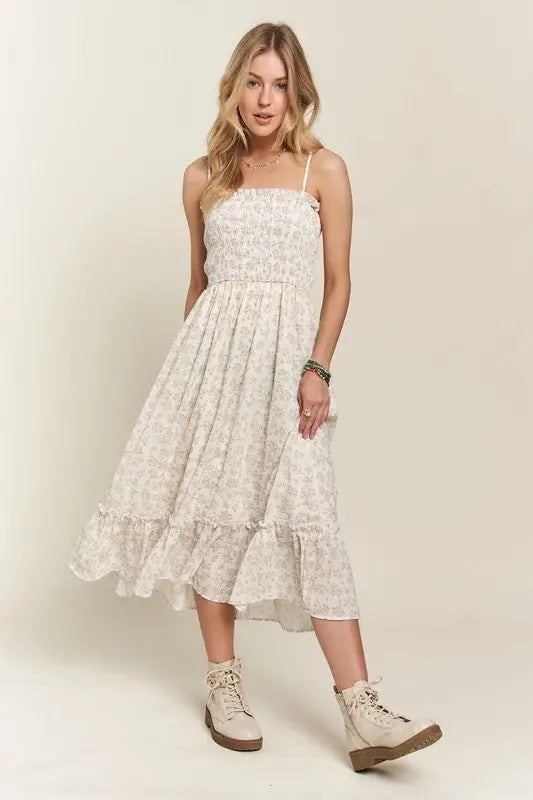 Sage Floral Ruffled Hem Cami Dress - Sleeveless Dresses