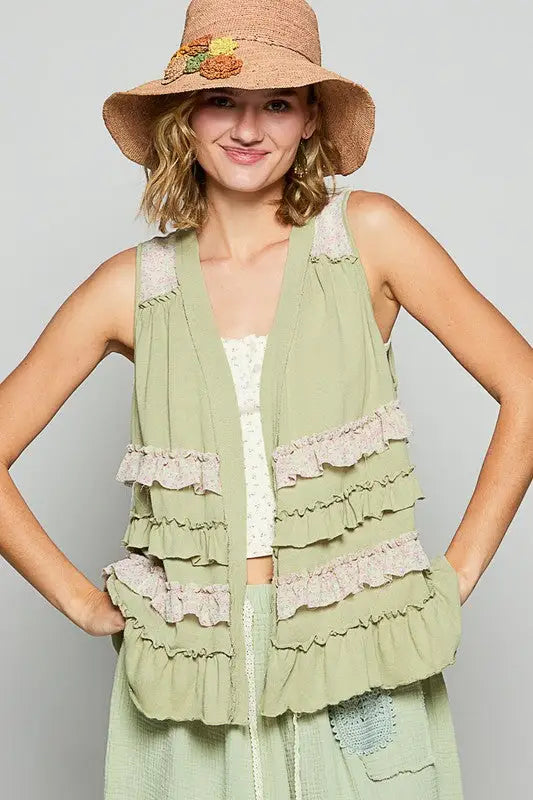 Sage Multicolor Ruffled Sleeveless Cardigan - Eclectage