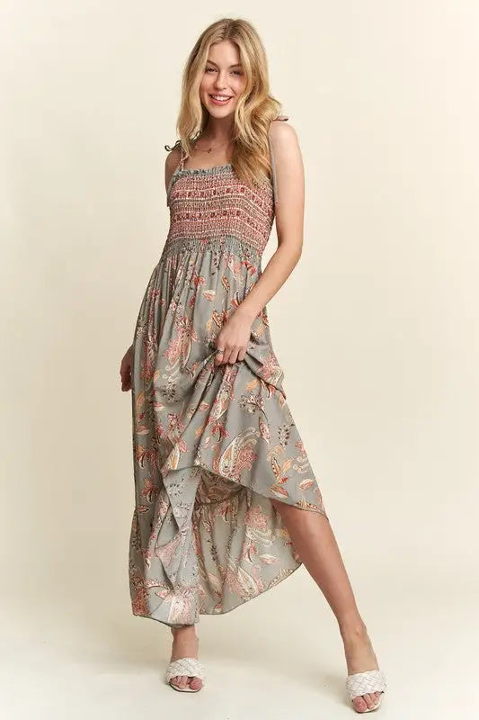 Smocked Printed Tie Shoulder Cami Dress - Eclectage