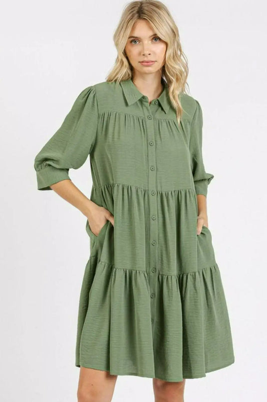 Sage Tiered Shirt Dress - Solid Color Dresses