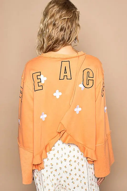 POL Peace Embroidered Exposed Seam Back Ruffle V-Neck Top - Eclectage