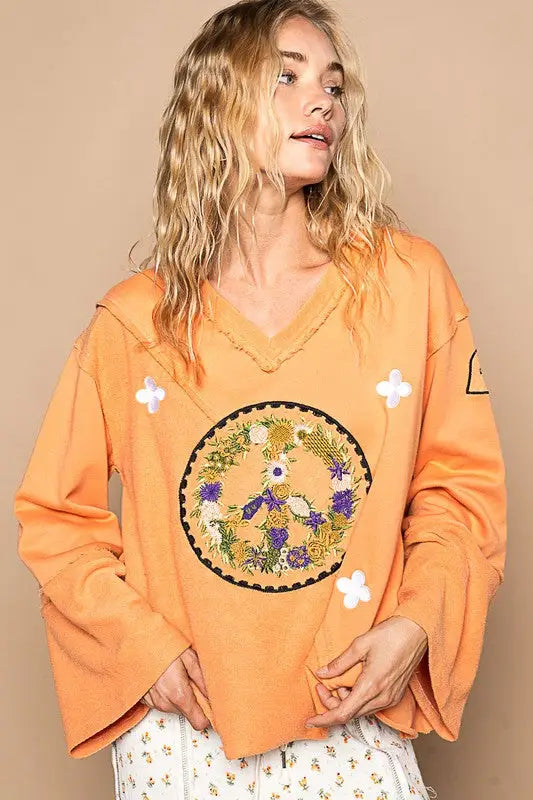 POL Peace Embroidered Exposed Seam Back Ruffle V-Neck Top - Eclectage