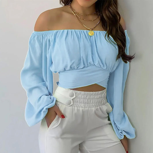 Off Shoulder Long Sleeve Crop Top Blouse Blue / M / United States